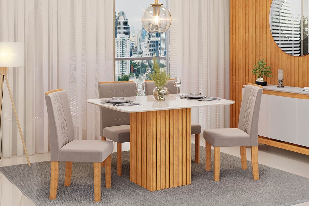 Sala de Jantar Completa Canes c/ Tampo Madeirado c/ Vidro Curvo 120x90cm e 4 Cadeiras Zoe - DJ Móveis