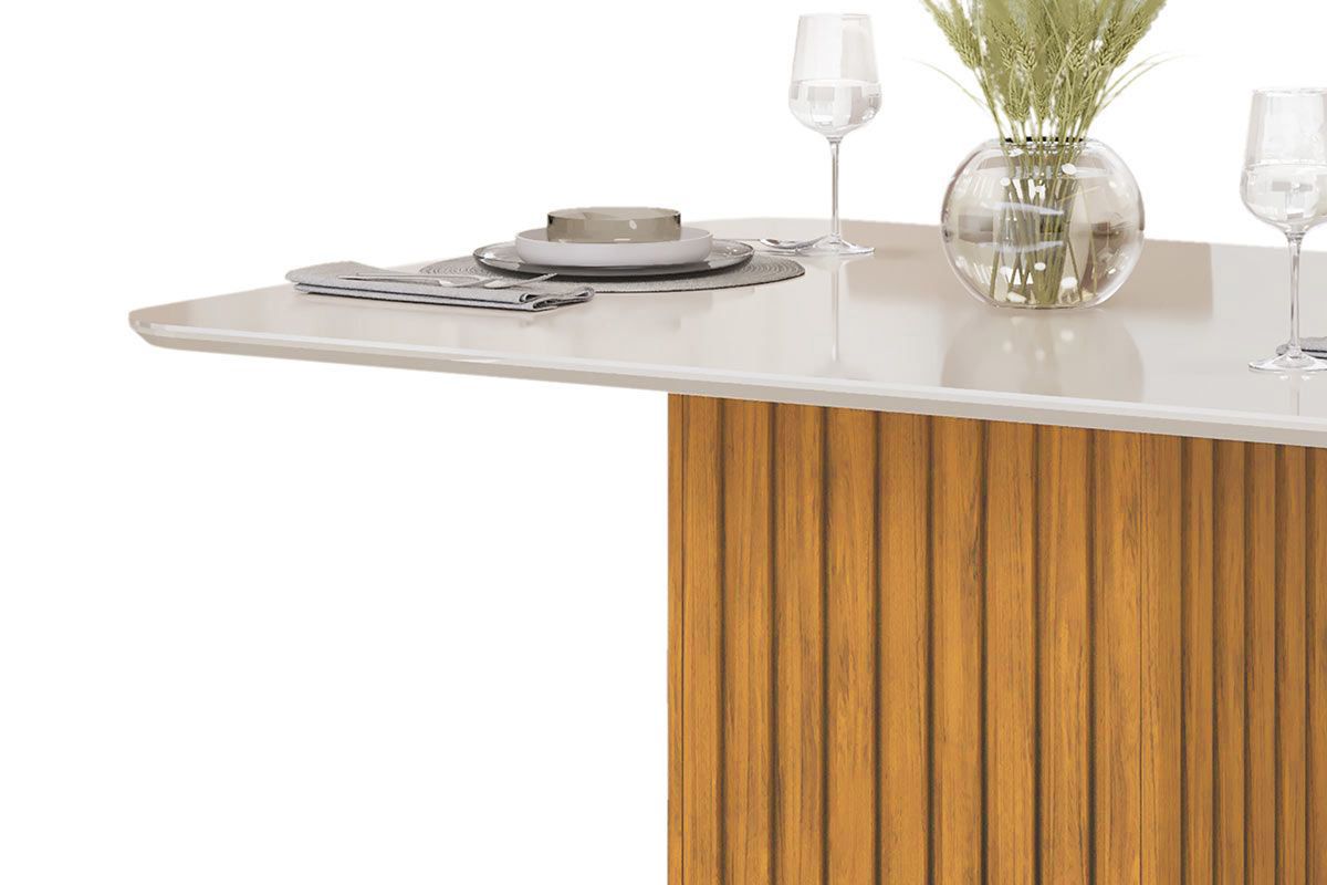 Sala de Jantar Completa Canes c/ Tampo Madeirado c/ Vidro Curvo 120x90cm e 4 Cadeiras Zoe - DJ Móveis