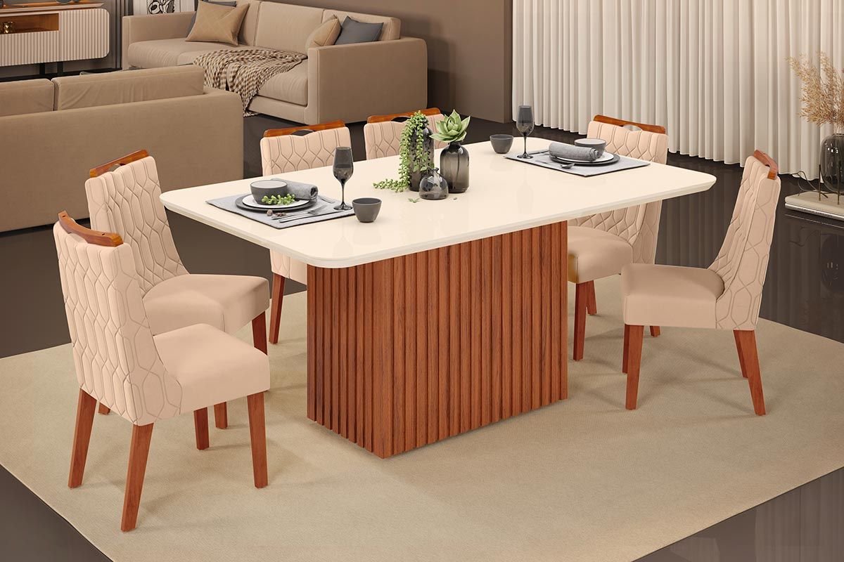 Sala de Jantar Completa Canes c/ Tampo Madeirado c/ Vidro Curvo 170x90cm e 6 Cadeiras Bia - DJ Móveis