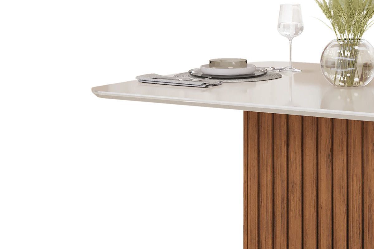 Sala de Jantar Completa Canes c/ Tampo Madeirado c/ Vidro Curvo 170x90cm e 6 Cadeiras Bia - DJ Móveis