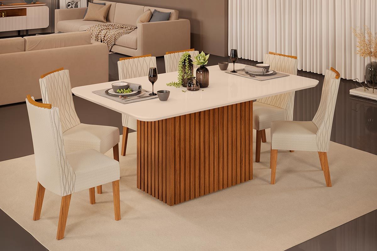 Sala de Jantar Completa Canes c/ Tampo Madeirado c/ Vidro Curvo 170x90cm e 6 Cadeiras Jade - DJ Móveis