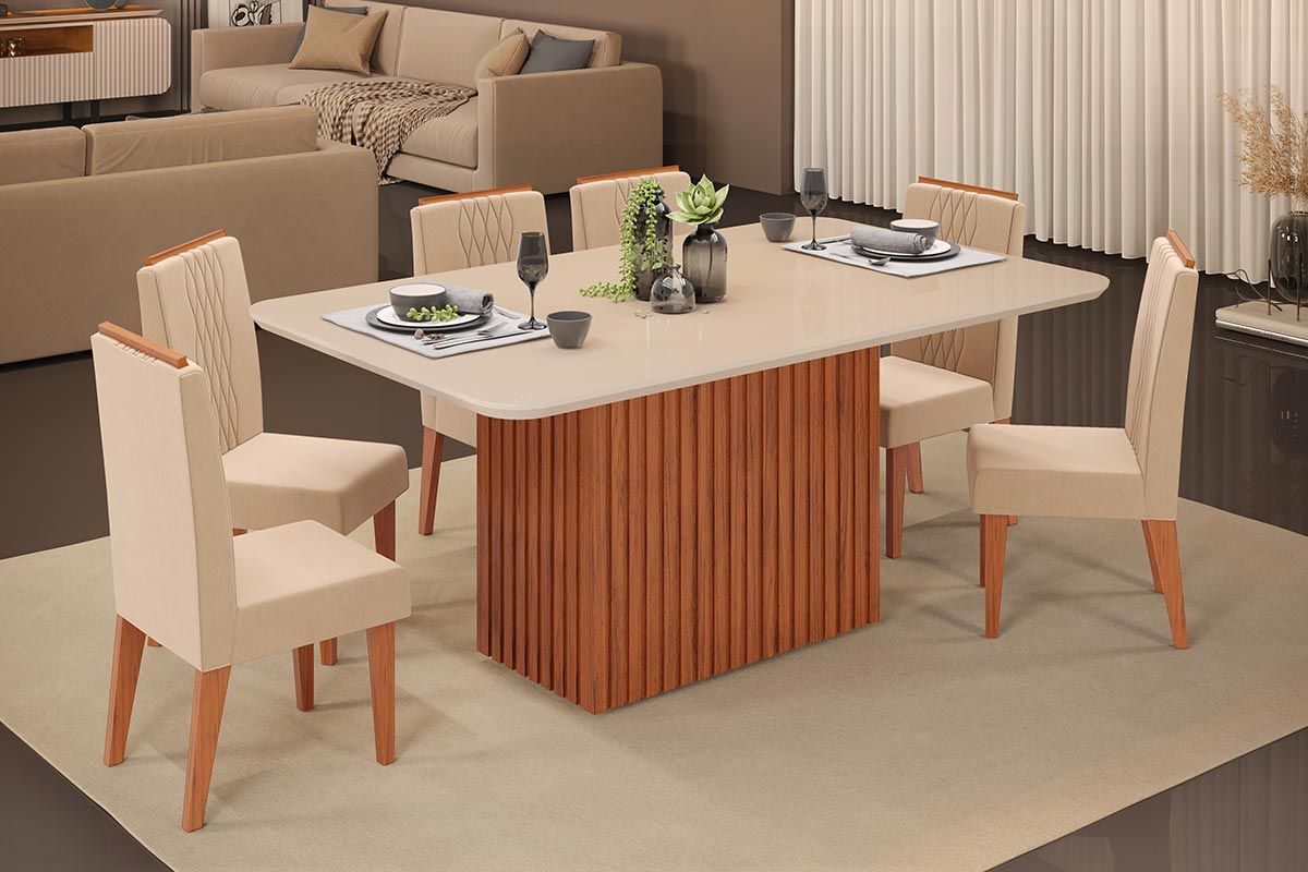 Sala de Jantar Completa Canes c/ Tampo Madeirado c/ Vidro Curvo 170x90cm e 6 Cadeiras Lia - DJ Móveis