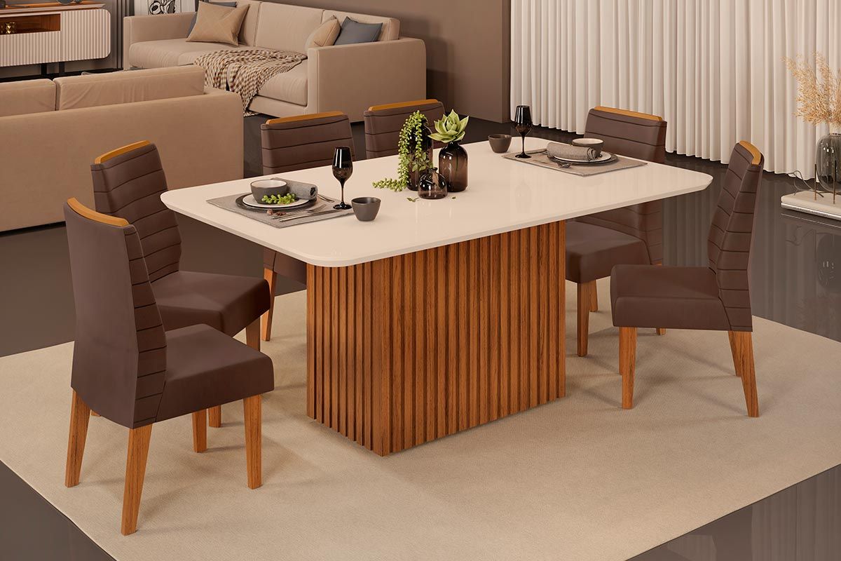 Sala de Jantar Completa Canes c/ Tampo Madeirado c/ Vidro Curvo 170x90cm e 6 Cadeiras Ondina - DJ Móveis