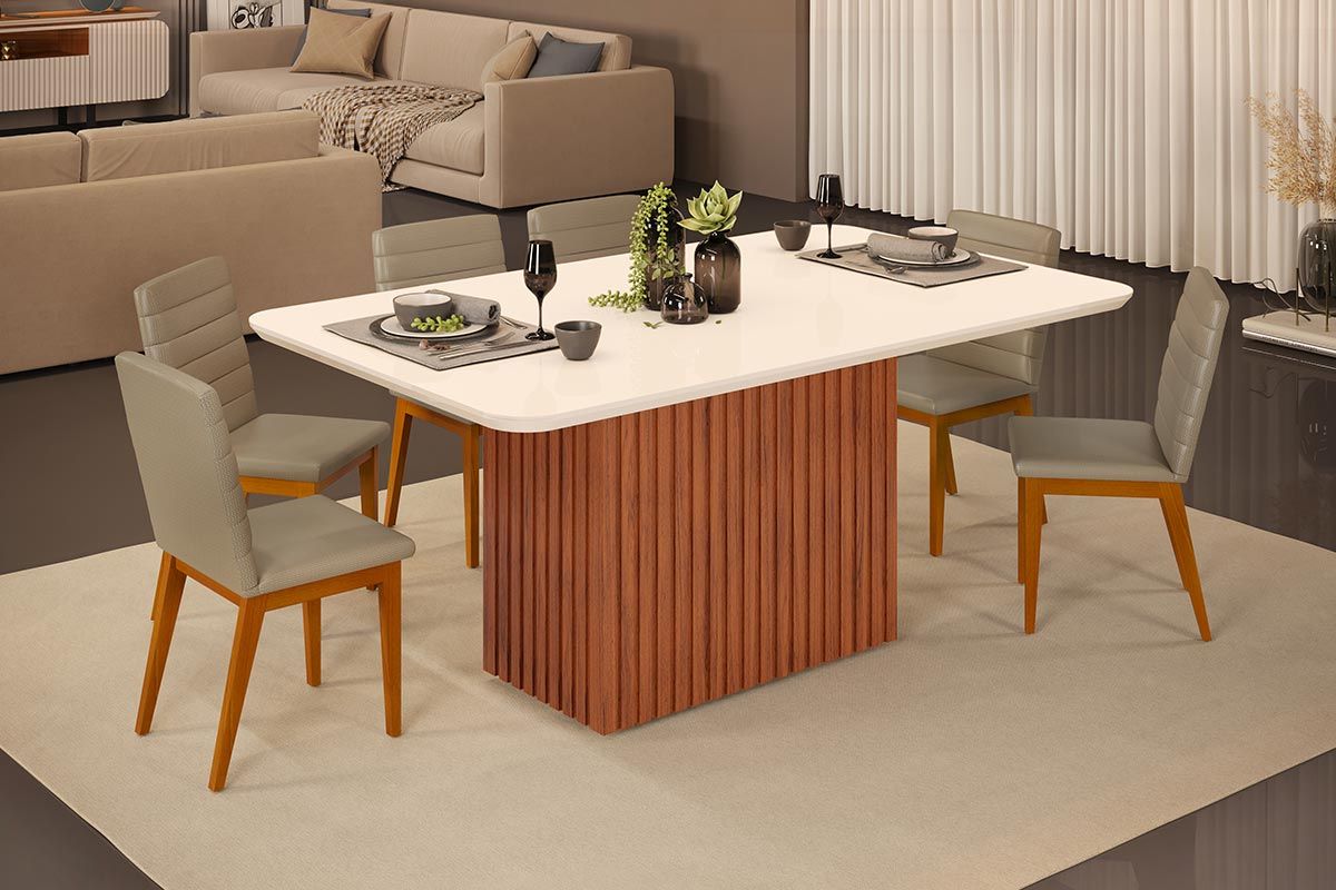 Sala de Jantar Completa Canes c/ Tampo Madeirado c/ Vidro Curvo 170x90cm e 6 Cadeiras Sofia - DJ Móveis