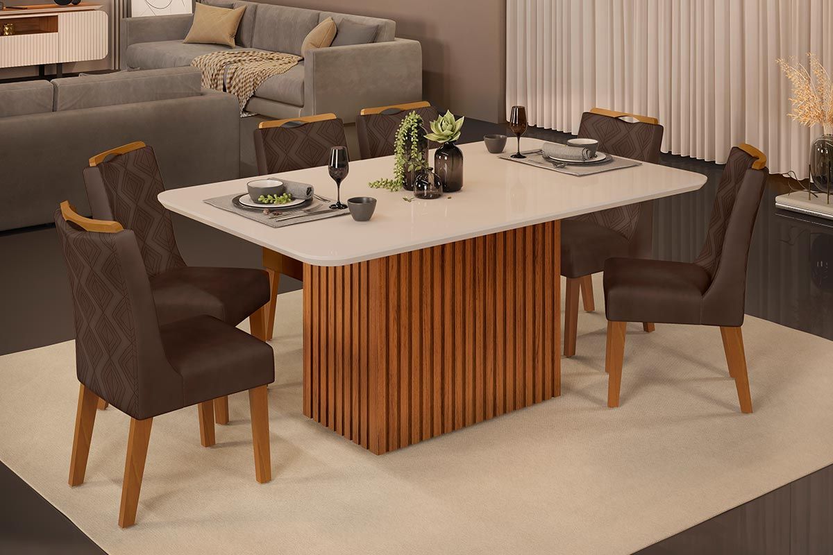Sala de Jantar Completa Canes c/ Tampo Madeirado c/ Vidro Curvo 170x90cm e 6 Cadeiras Stela - DJ Móveis