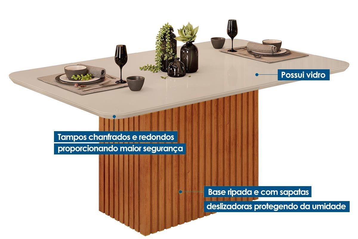 Sala de Jantar Completa Canes c/ Tampo Madeirado c/ Vidro Curvo 170x90cm e 6 Cadeiras Stela - DJ Móveis
