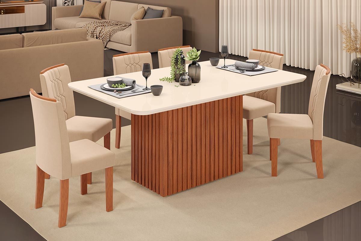 Sala de Jantar Completa Canes c/ Tampo Madeirado c/ Vidro Curvo 170x90cm e 6 Cadeiras Zoe - DJ Móveis