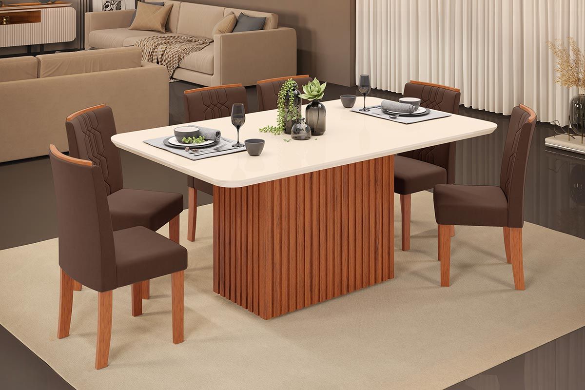 Sala de Jantar Completa Canes c/ Tampo Madeirado c/ Vidro Curvo 170x90cm e 6 Cadeiras Zoe - DJ Móveis
