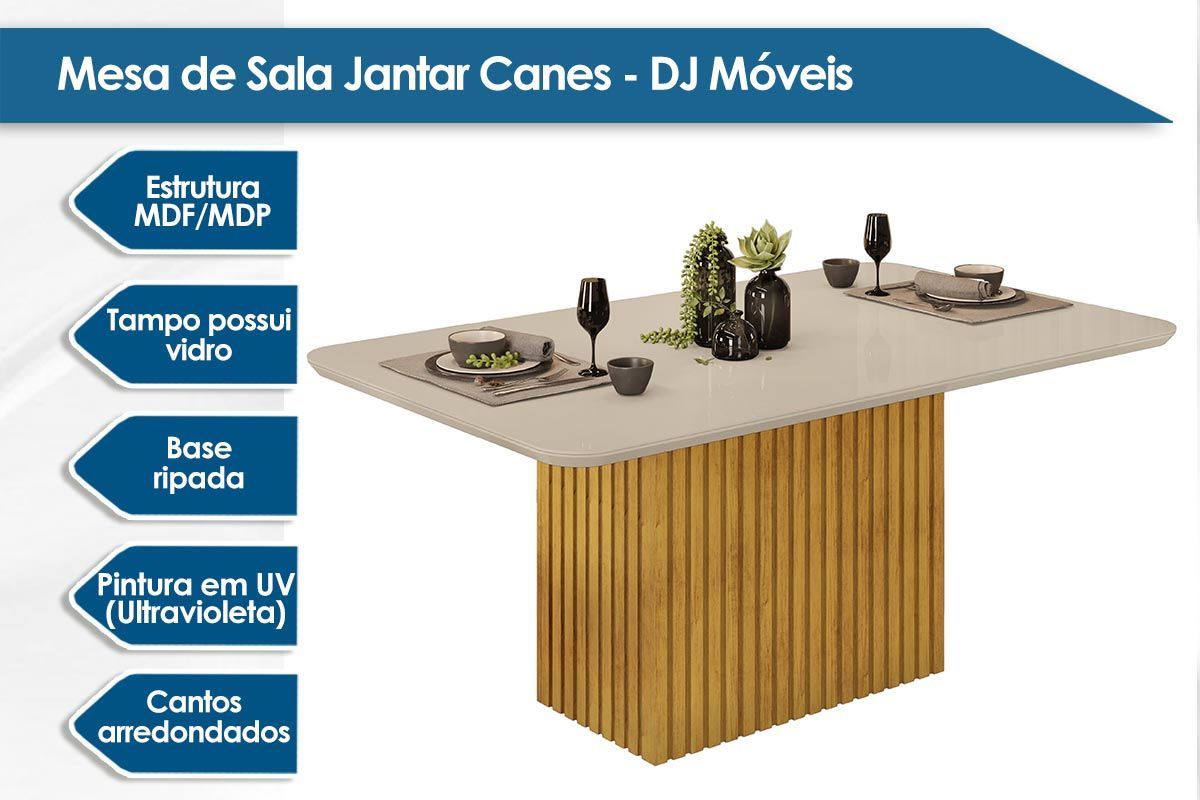 Sala de Jantar Completa Canes c/ Tampo Madeirado c/ Vidro Curvo 200x100cm e 6 Cadeiras Bia - DJ Móveis
