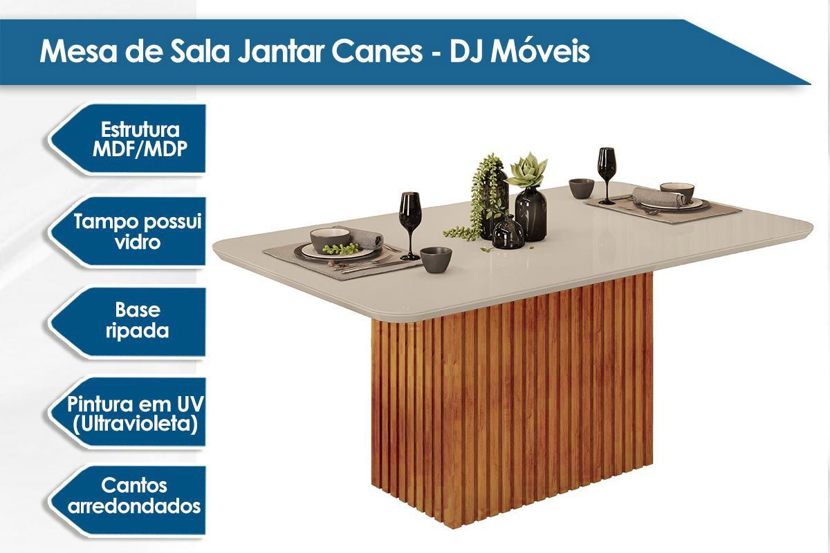 Sala de Jantar Completa Canes c/ Tampo Madeirado c/ Vidro Curvo 200x100cm e 8 Cadeiras Lia - DJ Móveis