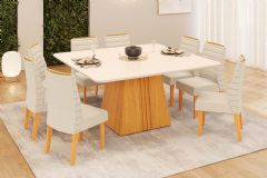 Sala de Jantar Completa Itália c/ Tampo Madeirado c/ Vidro Curvo 136x136cm e 8 Cadeiras Ondina - DJ Móveis