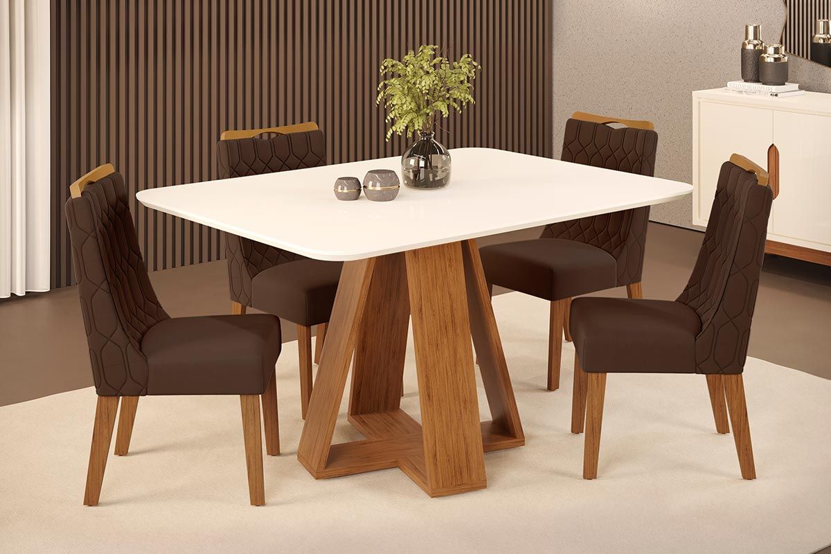 Sala de Jantar Completa Celeste c/ Tampo Madeirado c/ Vidro Curvo 120x90cm e 4 Cadeiras Bia - DJ Móveis