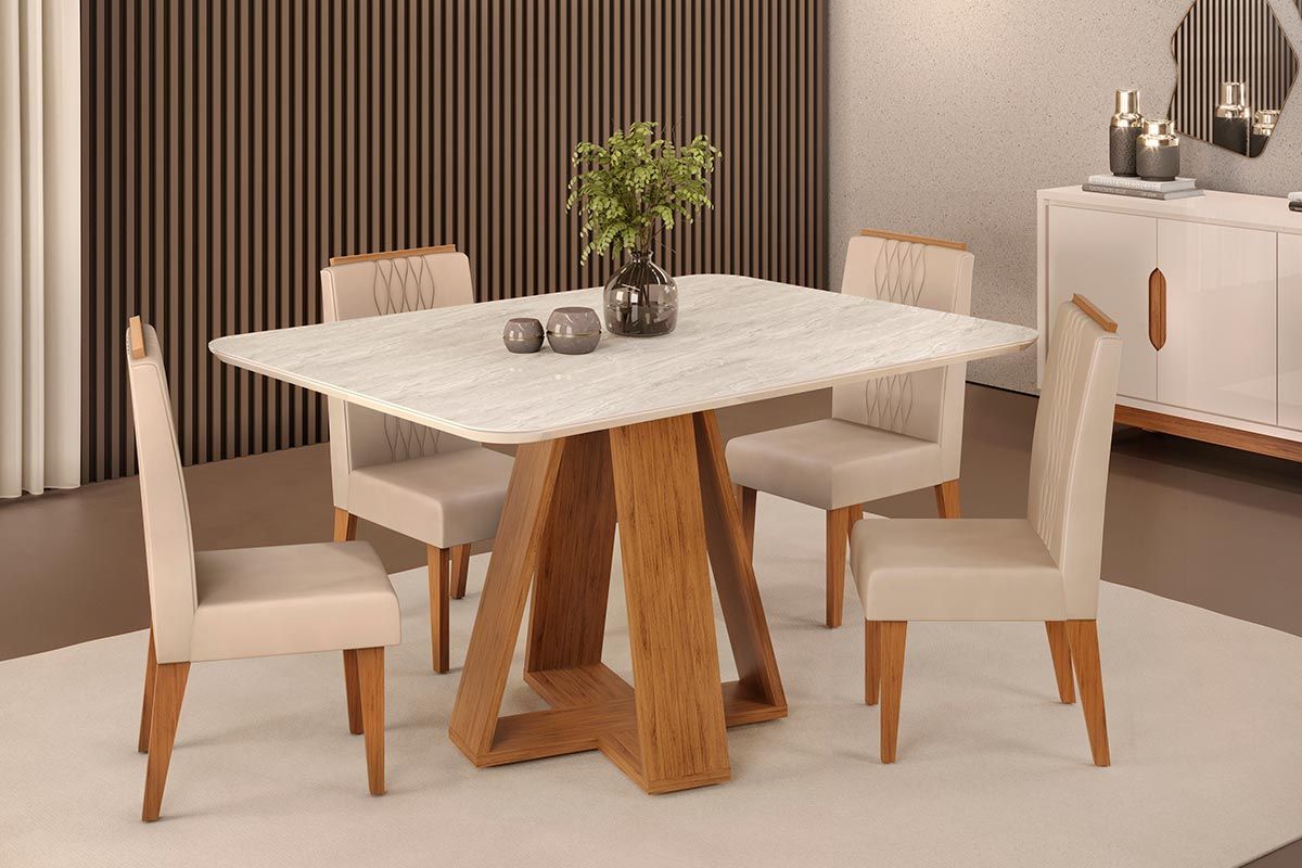 Sala de Jantar Completa Celeste c/ Tampo Madeirado Curvo 120x90cm e 4 Cadeiras Lia - DJ Móveis