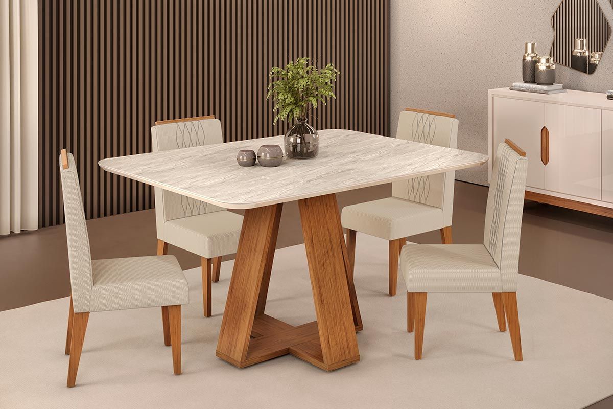 Sala de Jantar Completa Celeste c/ Tampo Madeirado Curvo 120x90cm e 4 Cadeiras Lia - DJ Móveis