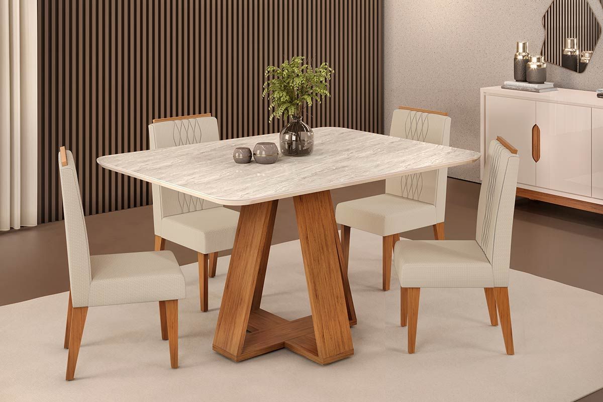 Sala de Jantar Completa Celeste c/ Tampo Madeirado c/ Vidro Curvo 120x90cm e 4 Cadeiras Lia - DJ Móveis