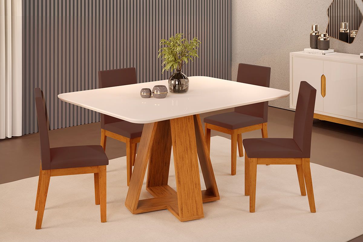 Sala de Jantar Completa Celeste c/ Tampo Madeirado c/ Vidro Curvo 120x90cm e 4 Cadeiras Suzy - DJ Móveis