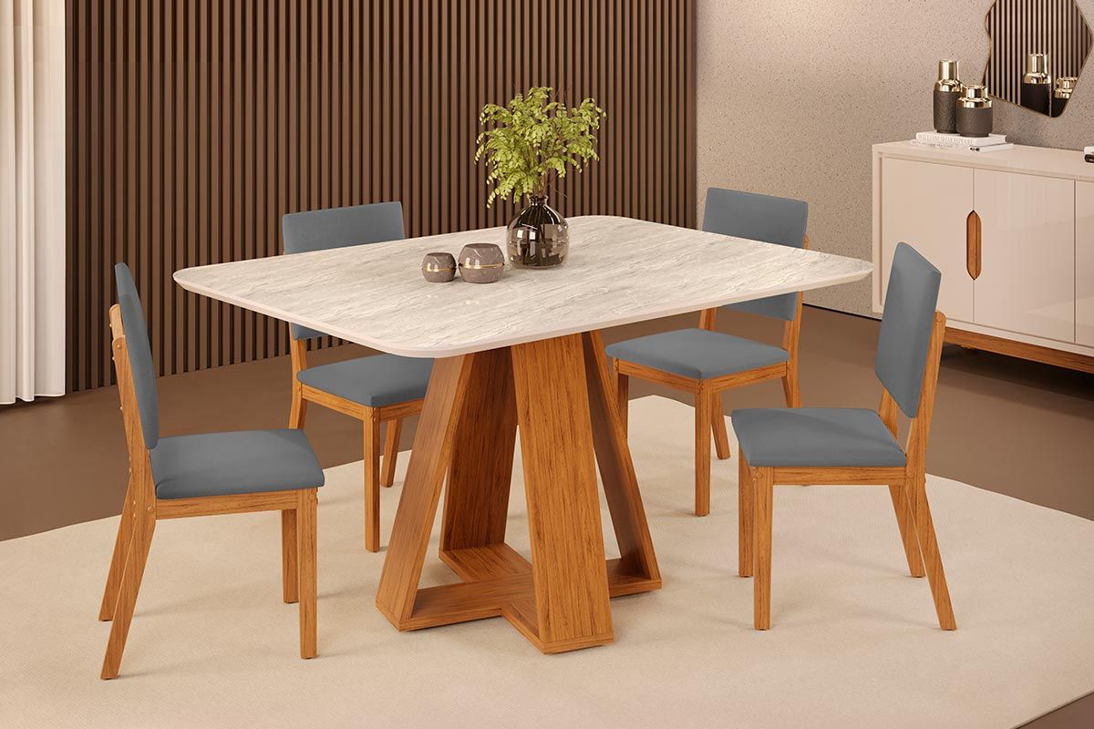 Sala de Jantar Completa Celeste c/ Tampo Madeirado Curvo 120x90cm e 4 Cadeiras Talia - DJ Móveis