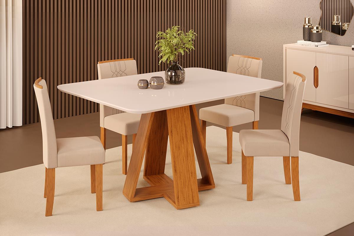Sala de Jantar Completa Celeste c/ Tampo Madeirado c/ Vidro Curvo 120x90cm e 4 Cadeiras Zoe - DJ Móveis