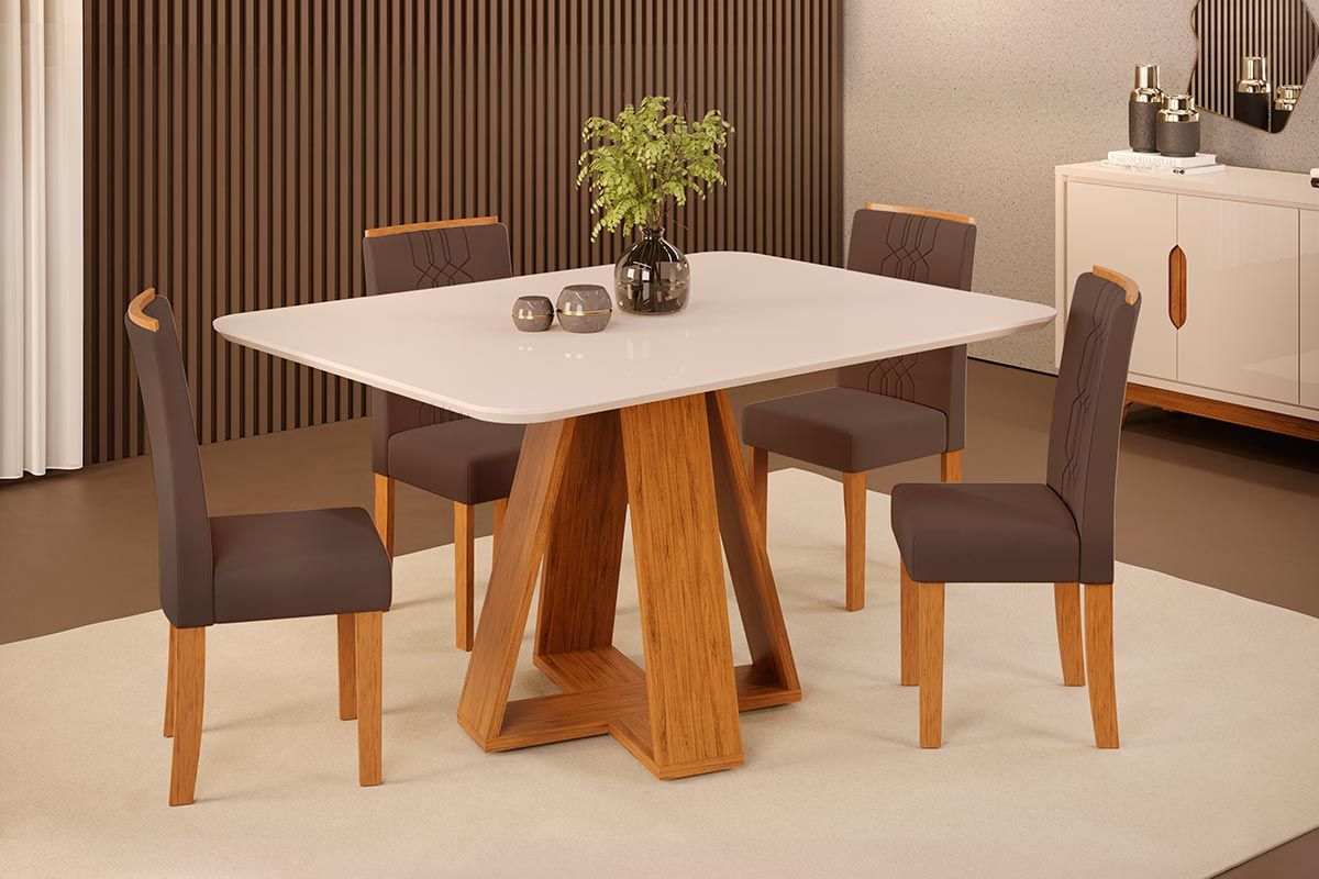 Sala de Jantar Completa Celeste c/ Tampo Madeirado c/ Vidro Curvo 120x90cm e 4 Cadeiras Zoe - DJ Móveis