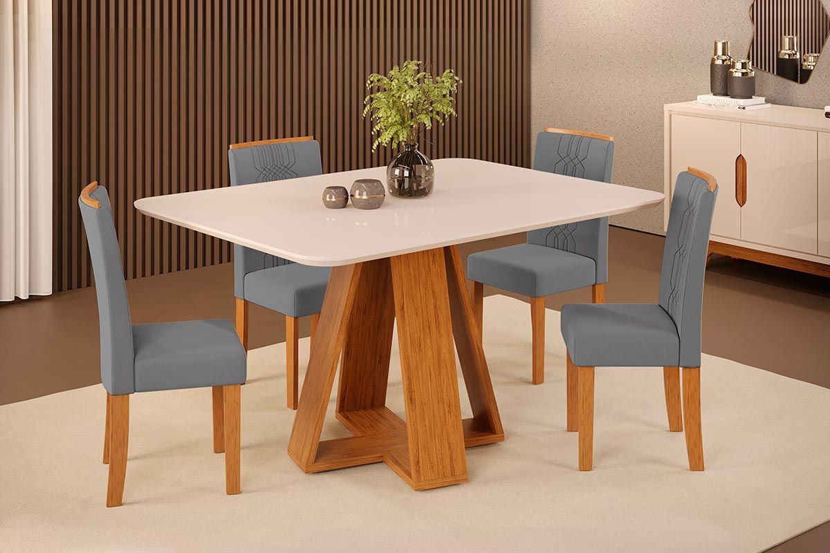 Sala de Jantar Completa Celeste c/ Tampo Madeirado c/ Vidro Curvo 120x90cm e 4 Cadeiras Zoe - DJ Móveis