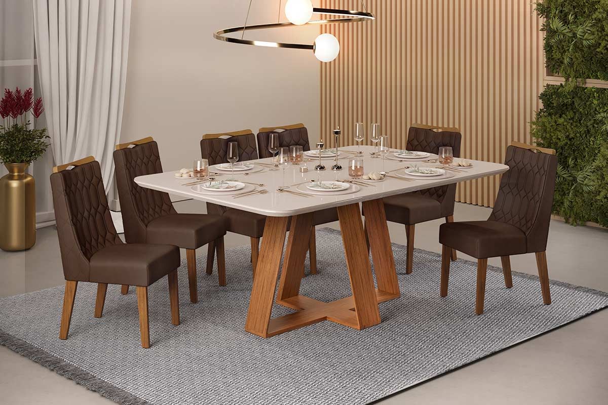 Sala de Jantar Completa Celeste c/ Tampo Madeirado c/ Vidro Retangular 160x90cm e 6 Cadeiras Bia - DJ Móveis