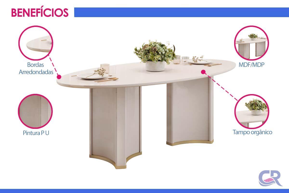 Sala de Jantar Completa Liz c/ Tampo Madeirado c/ Vidro Oval 218x108cm e 8 Cadeiras Vitta - DJ Móveis
