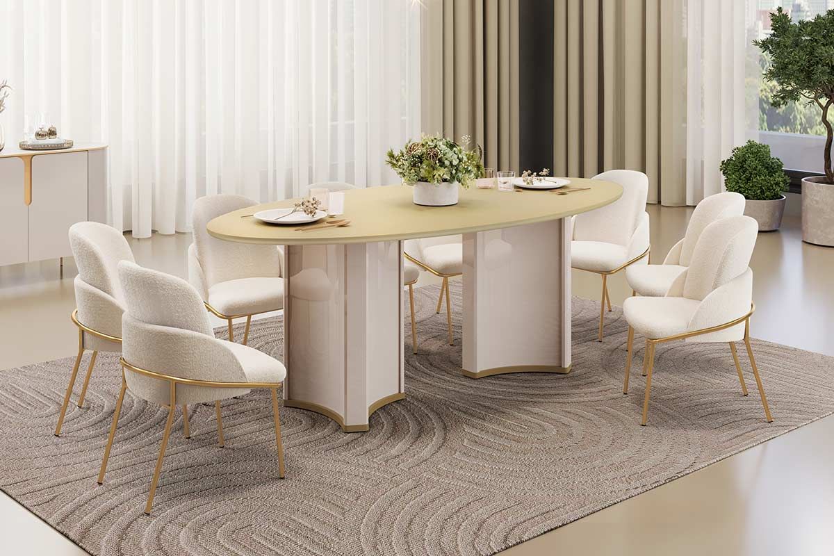 Sala de Jantar Completa Liz c/ Tampo Madeirado c/ Vidro Oval 218x108cm e 8 Cadeiras Vitta - DJ Móveis