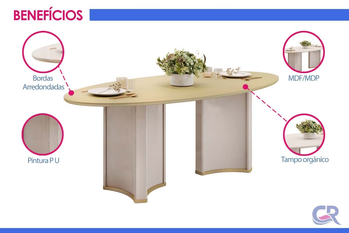 Sala de Jantar Completa Liz c/ Tampo Madeirado c/ Vidro Oval 218x108cm e 8 Cadeiras Vitta - DJ Móveis