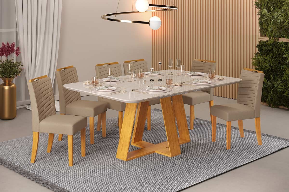 Sala de Jantar Completa Celeste c/ Tampo Madeirado c/ Vidro Retangular 160x90cm e 6 Cadeiras Julia - DJ Móveis