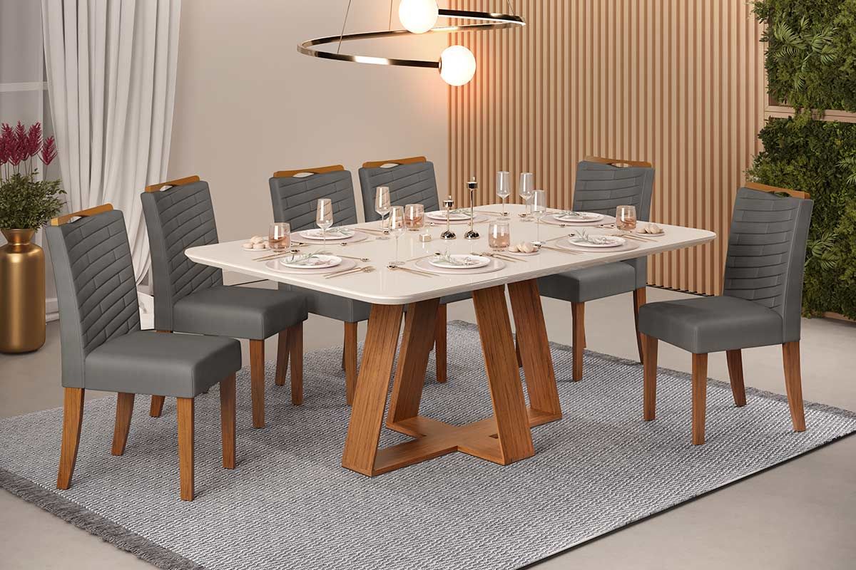 Sala de Jantar Completa Celeste c/ Tampo Madeirado c/ Vidro Retangular 160x90cm e 6 Cadeiras Julia - DJ Móveis