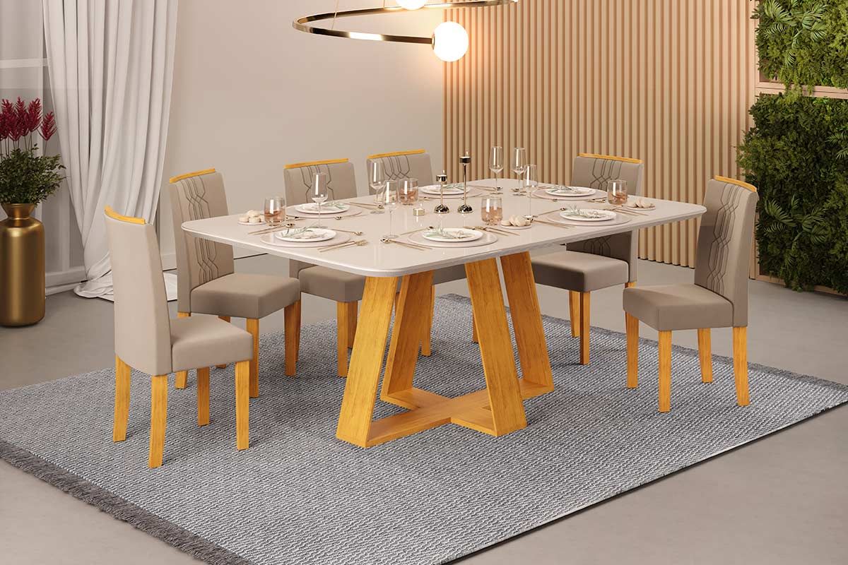 Sala de Jantar Completa Celeste c/ Tampo Madeirado c/ Vidro Retangular 160x90cm e 6 Cadeiras Zoe - DJ Móveis