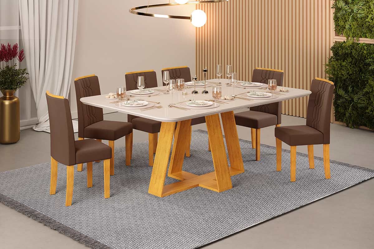 Sala de Jantar Completa Celeste c/ Tampo Madeirado c/ Vidro Retangular 160x90cm e 6 Cadeiras Zoe - DJ Móveis