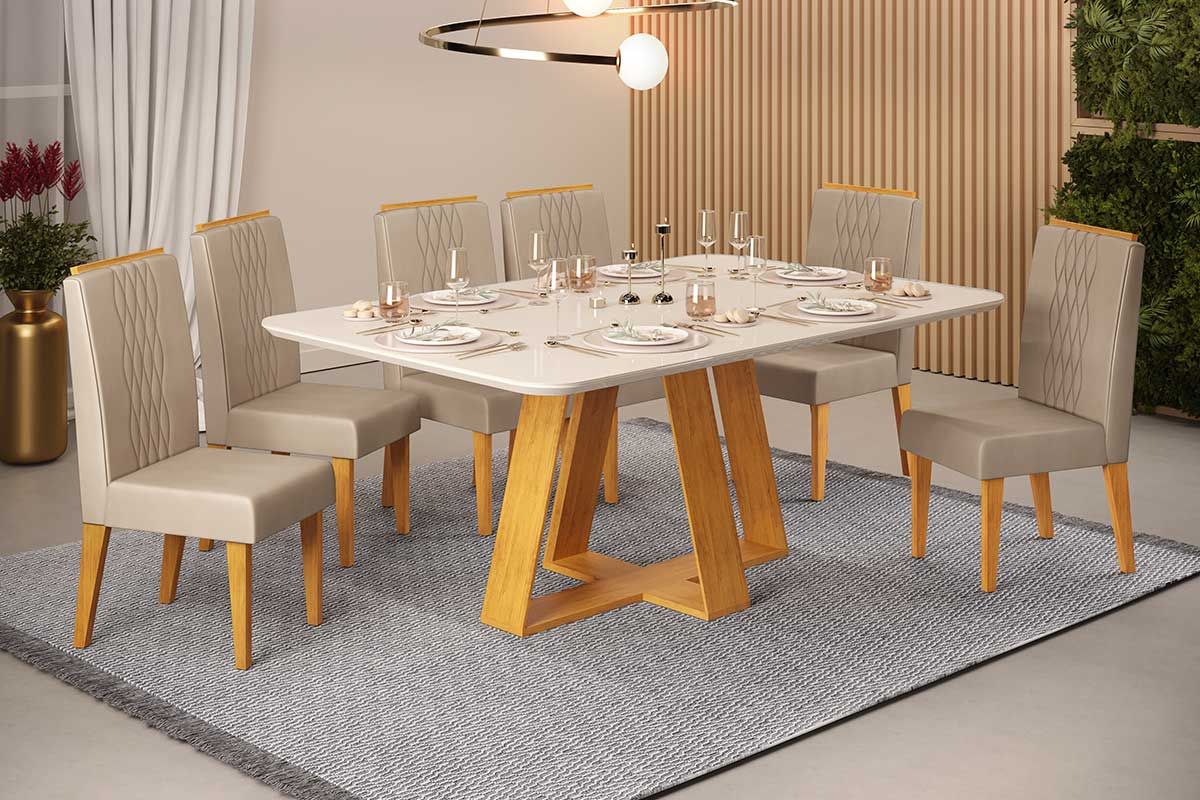 Sala de Jantar Completa Celeste c/ Tampo Madeirado c/ Vidro Retangular 160x90cm e 6 Cadeiras Lia - DJ Móveis