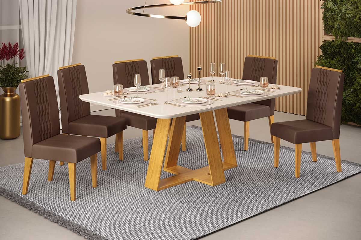 Sala de Jantar Completa Celeste c/ Tampo Madeirado c/ Vidro Retangular 160x90cm e 6 Cadeiras Lia - DJ Móveis