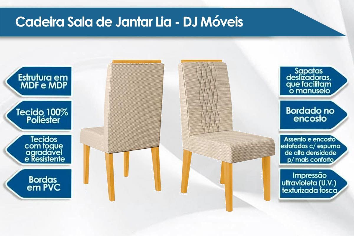 Sala de Jantar Completa Celeste c/ Tampo Madeirado c/ Vidro Retangular 160x90cm e 6 Cadeiras Lia - DJ Móveis