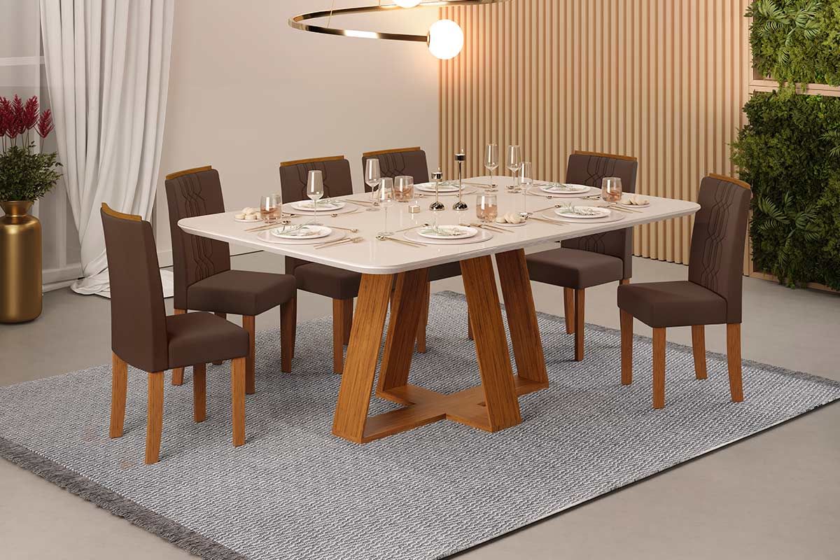 Sala de Jantar Completa Celeste c/ Tampo Madeirado c/ Vidro Retangular 160x90cm e 6 Cadeiras Zoe - DJ Móveis