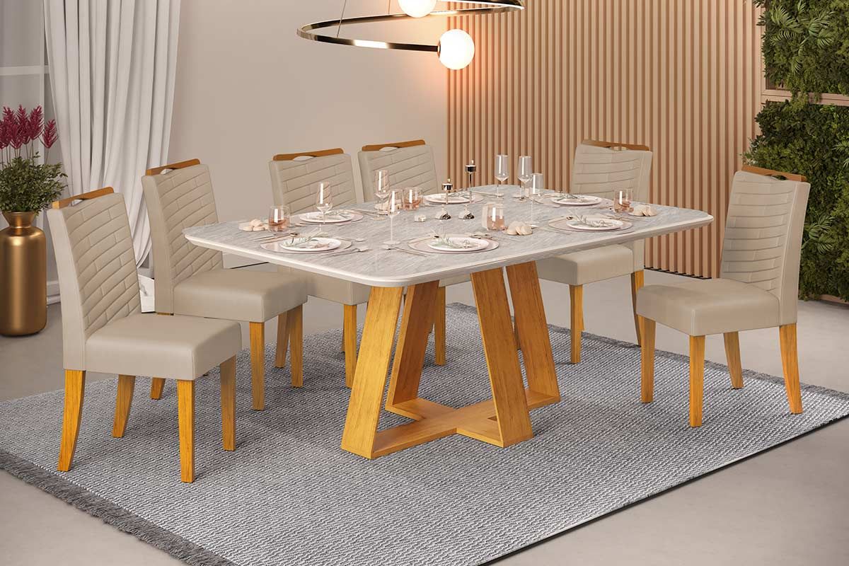 Sala de Jantar Completa Celeste c/ Tampo Madeirado Retangular 170x90cm e 6 Cadeiras Julia - DJ Móveis