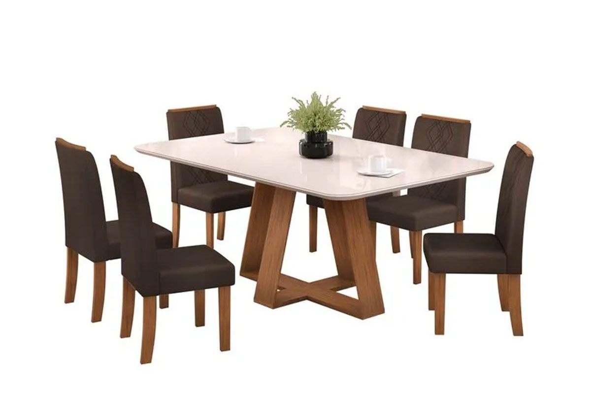 Sala de Jantar Completa Kiara c/ Tampo Madeirado c/ Vidro Curvo 160x80cm e 6 Cadeiras Ayla erro sub errado - DJ Móveis