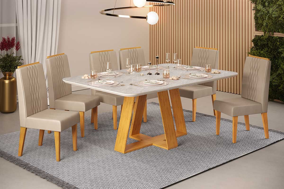 Sala de Jantar Completa Celeste c/ Tampo Madeirado Retangular 170x90cm e 6 Cadeiras Lia - DJ Móveis