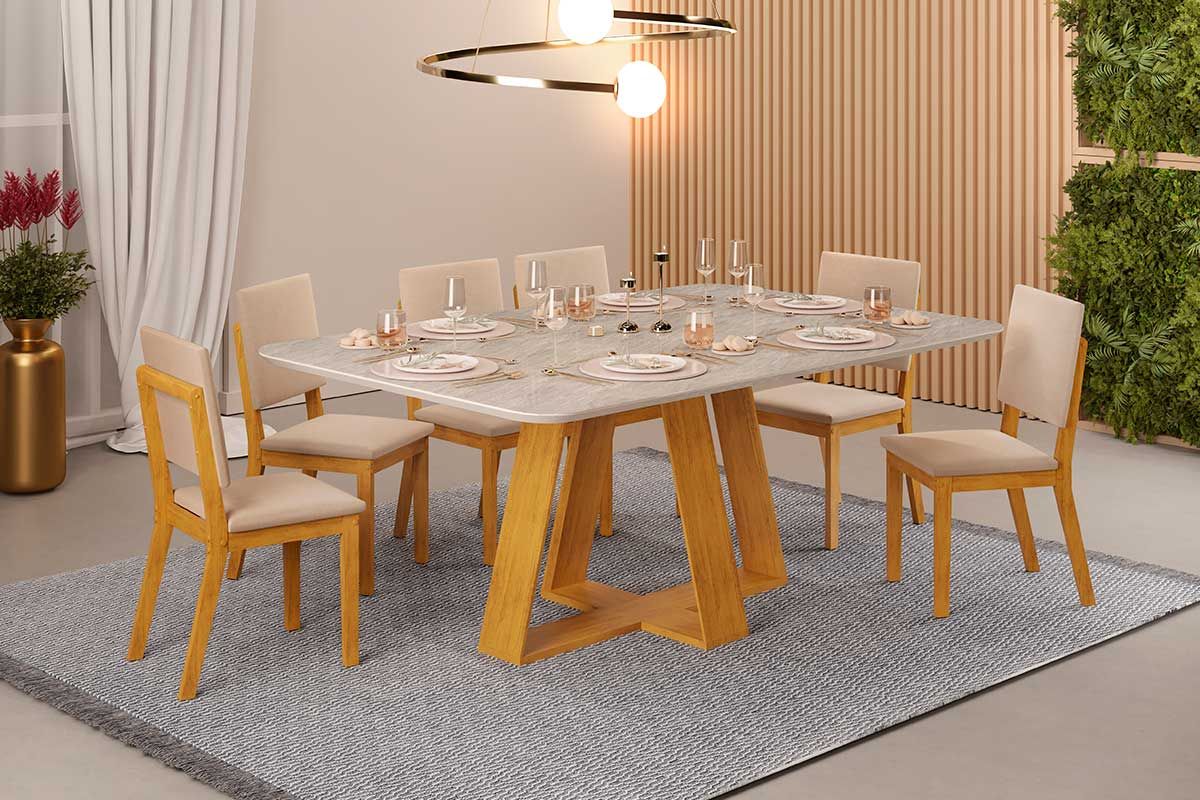 Sala de Jantar Completa Celeste c/ Tampo Madeirado Retangular 170x90cm e 6 Cadeiras Talia - DJ Móveis