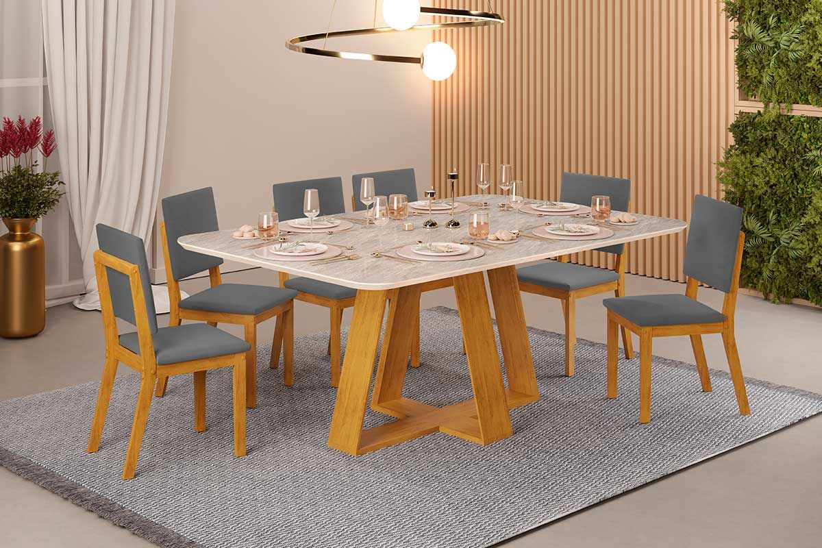 Sala de Jantar Completa Celeste c/ Tampo Madeirado Retangular 170x90cm e 6 Cadeiras Talia - DJ Móveis