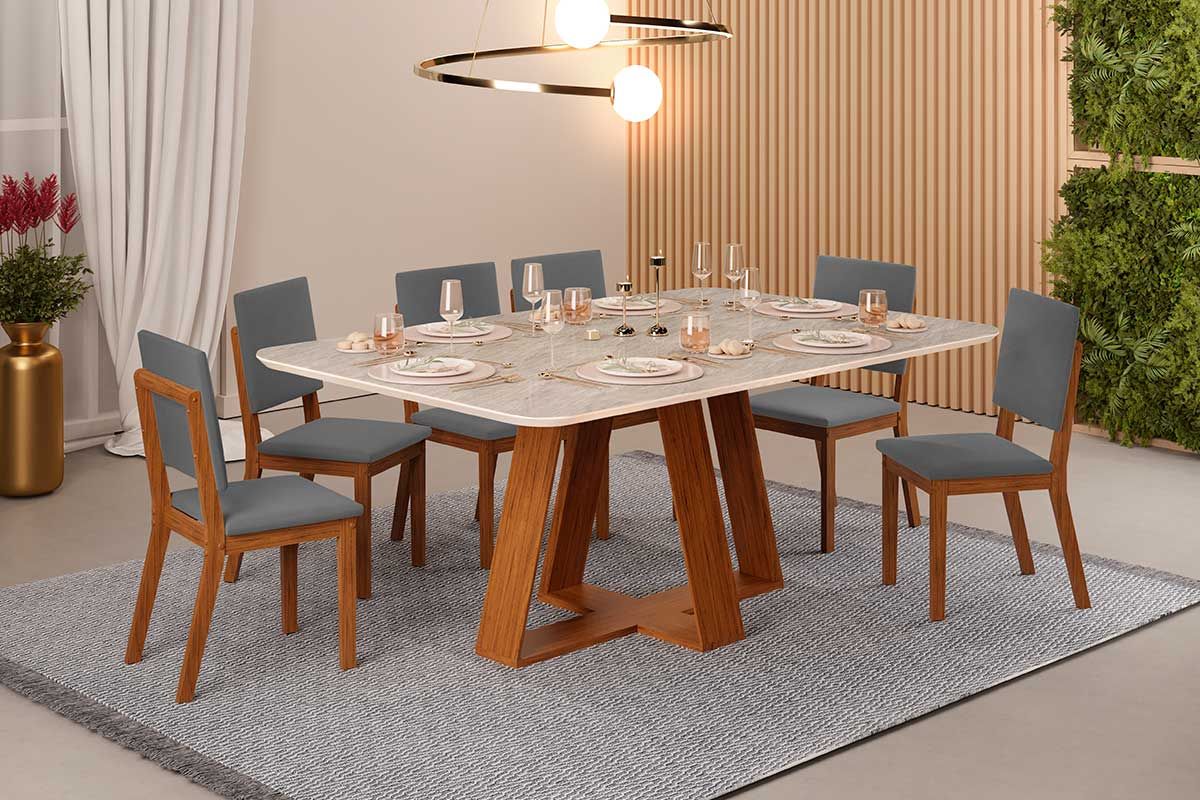 Sala de Jantar Completa Celeste c/ Tampo Madeirado Retangular 170x90cm e 6 Cadeiras Talia - DJ Móveis