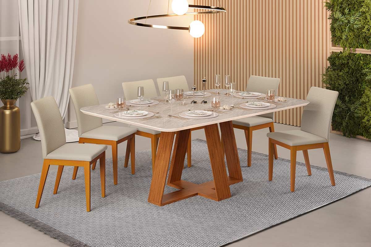 Sala Jantar Mesa Celeste c/ Tampo Madeirado Retangular 170x90cm e 6 Cadeiras Vitória - DJ Móveis