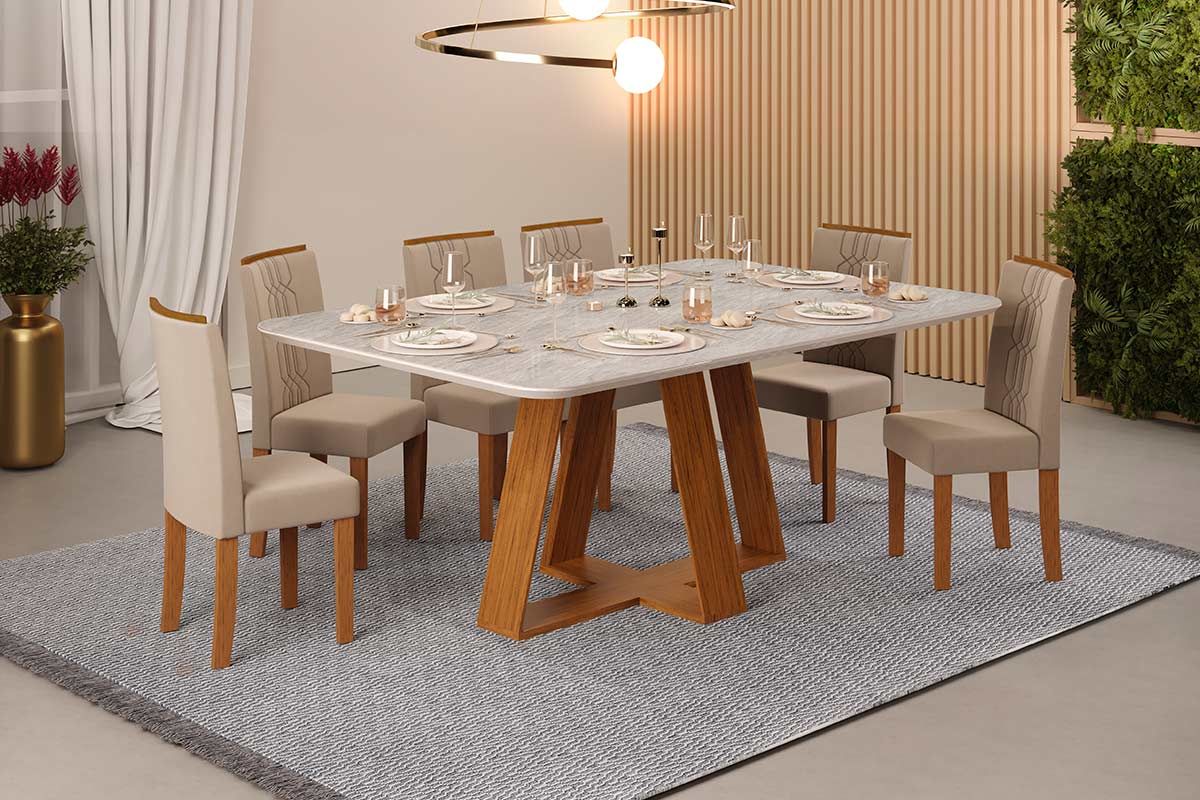 Sala de Jantar Completa Celeste c/ Tampo Madeirado Retangular 170x90cm e 6 Cadeiras Zoe - DJ Móveis