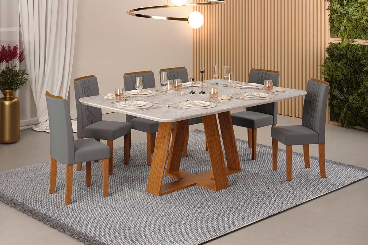 Sala de Jantar Completa Celeste c/ Tampo Madeirado Retangular 170x90cm e 6 Cadeiras Zoe - DJ Móveis