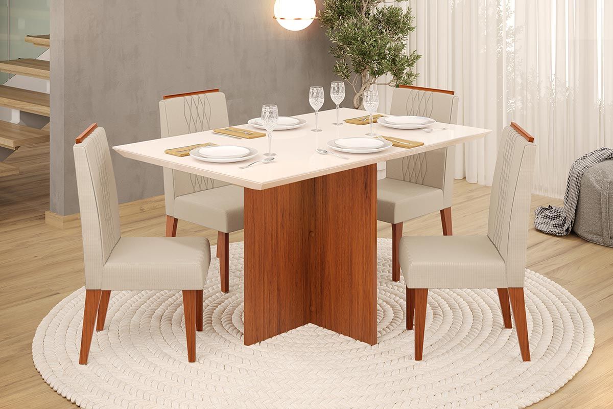 Sala de Jantar Completa Hera c/ Tampo Madeirado c/ Vidro Reto 120x90cm e 4 Cadeiras Lia - DJ Móveis