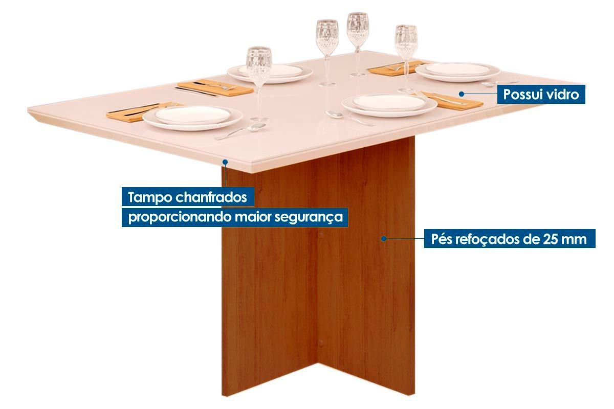 Sala de Jantar Completa Hera c/ Tampo Madeirado c/ Vidro Reto 120x90cm e 4 Cadeiras Lia - DJ Móveis