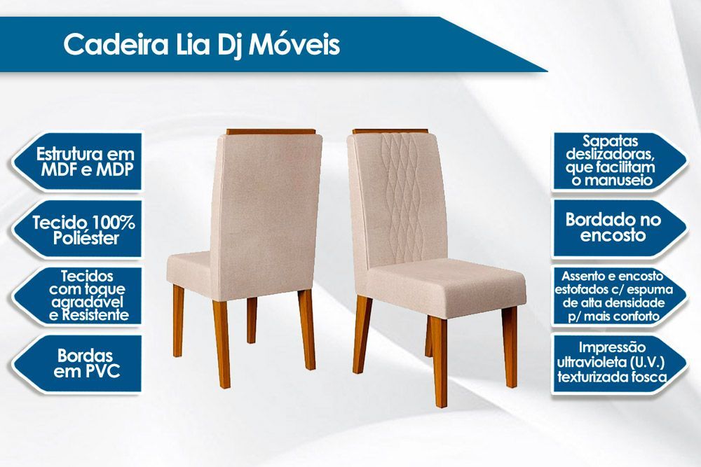 Sala de Jantar Completa Hera c/ Tampo Madeirado c/ Vidro Reto 120x90cm e 4 Cadeiras Lia - DJ Móveis