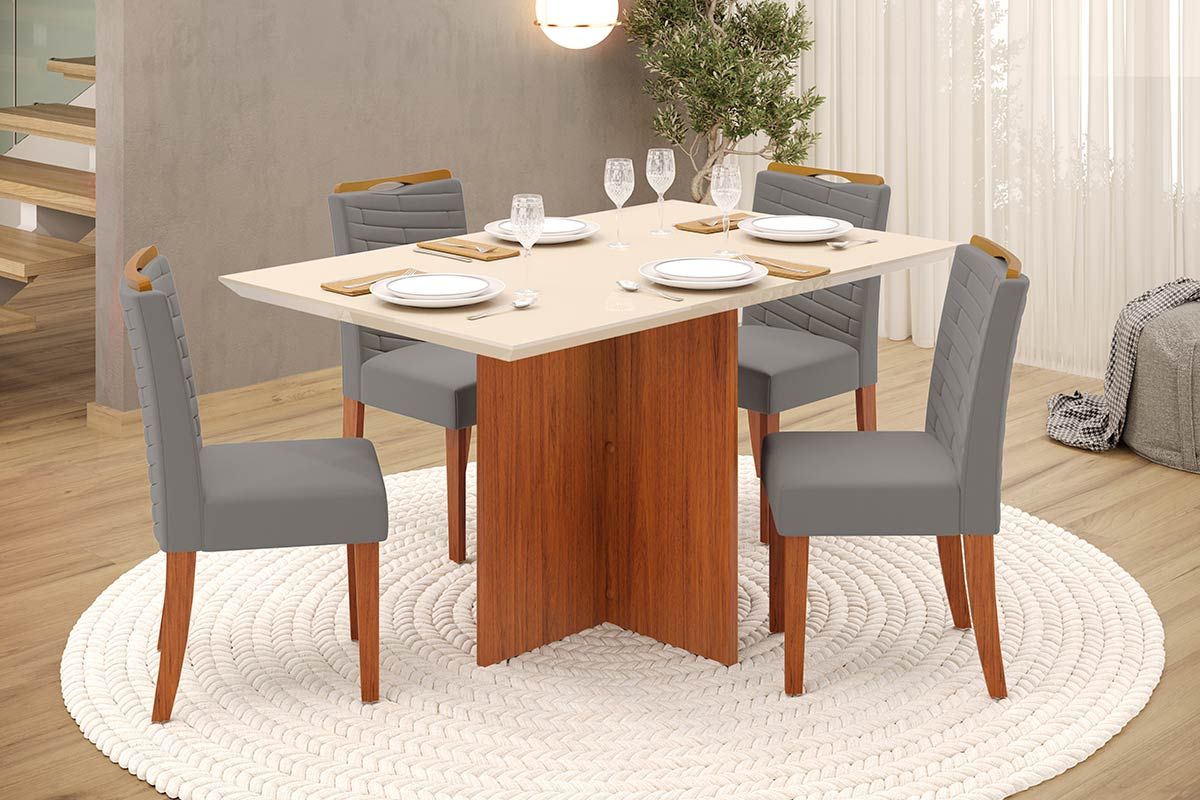 Sala de Jantar Completa Hera c/ Tampo Madeirado c/ Vidro Reto 120x90cm e 4 Cadeiras Julia - DJ Móveis