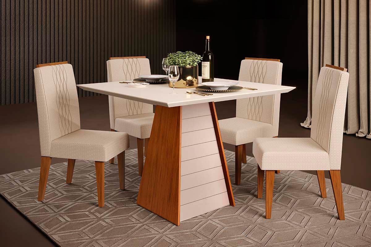 Sala de Jantar Completa Fler c/ Tampo Madeirado c/ Vidro 90x90cm e 4 Cadeiras Lia - DJ Móveis